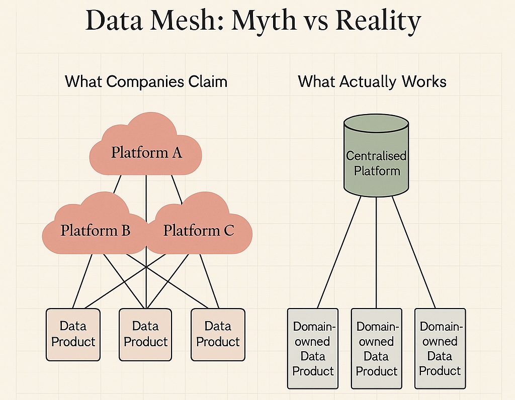 Diagram comparing what companies claim in data mesh (multiple platforms feeding products) versus what actually works (centralised platform with domain-owned data products)